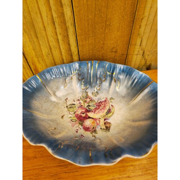 Vintage 12 Inch Porcelain Hand-Painted Fruit Bowl With Blue & Gold Detailing - Picture 5 of 6